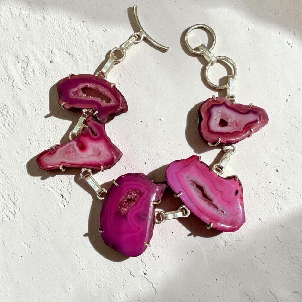 Pink Druzy Agate Slice Toggle Bracelet 925 Silver Plated